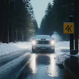 a car is driving through the snow on a road