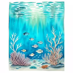 a water scene with fish and corals in the water,an ocean scene with a fish and corals,fish, corals, and seaweed on an undersea with sun light,painting, a coral reef, fish and seaweed,a painting of fishes swimming around corals in water