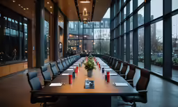 a long conference table and some black chairs in a room