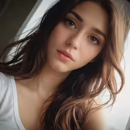 a woman with long, wavy brown hair looks at the camera