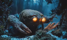 a creature appears to be hiding in the woods