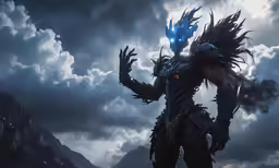 an alien with large horns in front of a dark background