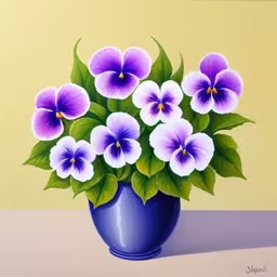 oil painting of purple pansies in a blue vase,painting of purple and white flowers in a blue vase