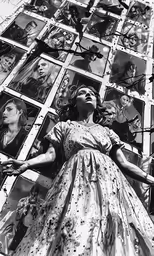 there is a woman standing in front of a large piece of art