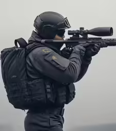the soldier is aiming a rifle in an action scene