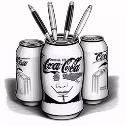 a pencil drawing of a cans filled with pens,a drawing of coke cans and pens in them