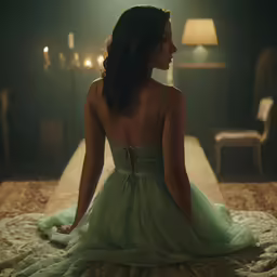 the woman is sitting down alone on the bed