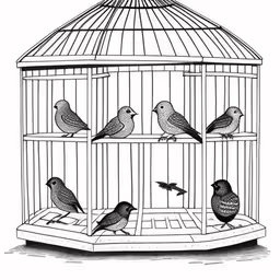 a black and white photo of birds in a birdcage,three birds in a cage, each with their own beak in the birdcage,birds in a birdcage are seen here drawing,birds are sitting inside of their cages,a bird is inside of a cage and birds are around it