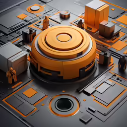 the orange building is on top of a grey and orange background