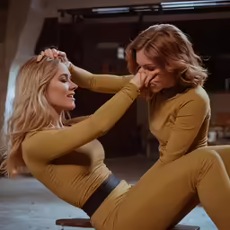 two women sitting on top of a wooden stool