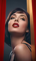 a beautiful woman in red lipstick looking out of a red curtain