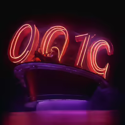 a neon sign reads oic at night with a black background