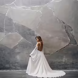 a woman in a white gown stands by a grey wall