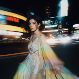 woman in dress with long sleeves, lights, street view
