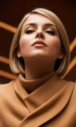 woman with a short haircut and brown blouse