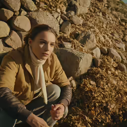 a woman squatting against a rock with her hand resting on her wrist