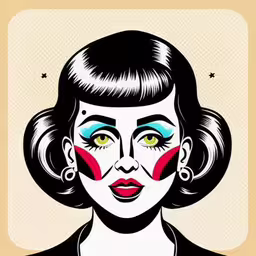 a lady with an afro and a cat on her face,woman in makeup with red, white and blue make up on her face