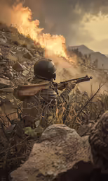 a man wearing a helmet and holding a rifle is standing in front of some smoke