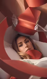 woman with hat on head inside a red sculpture