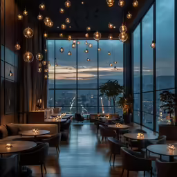 the interior of an elegant hotel lobby at night