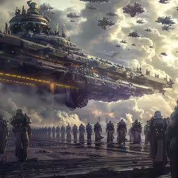 many people standing in front of a futuristic ship,many robots are standing next to each other while a giant spaceship flies by