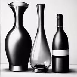 black and white photograph of two vases and one wine bottle