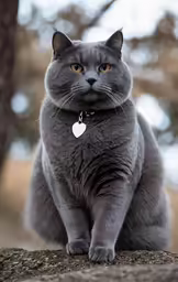 a grey cat sitting on a rock looking at the camera