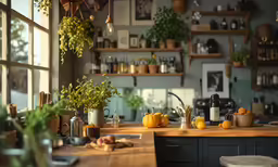 a kitchen with a wooden table and lots of potted plants