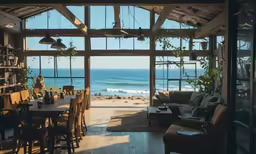 an open space with wooden walls has many shelves, furniture and a view of the ocean