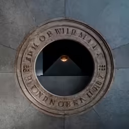 a circular sign is surrounded by concrete