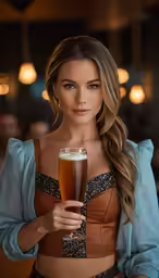 the woman is holding a beer with a glass