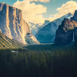 a scenic valley with a waterfall flowing into it