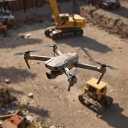 a small gray and white unmanned in a construction area