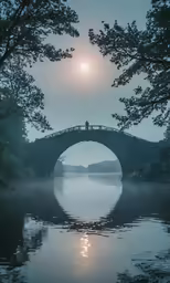 an evening scene of a foggy river with sun over the bridge
