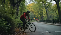 a man riding his bicycle down a street next to a forest