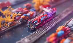 colorful model trains and other miniature models on a table