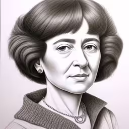 an artwork depicting a portrait of a woman with dark hair and large earrings,a drawing of a woman with an interesting hair style,a close up of a person in front of a white wall,the portrait of an older woman is depicted in black and white,a portrait is shown in a drawing, with an interesting look