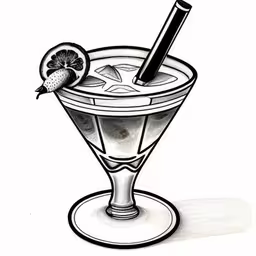 an illustration of a ginnily drink in a glass,a margarita cocktail is garnished with an orange slice and a tube