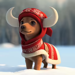 a little animal wearing a red sweater and scarf