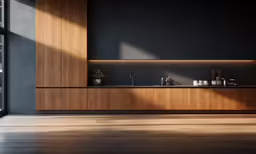 modern wooden cabinets and countertop in large kitchen