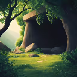 a digital painting of some grass and rock outcropping