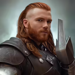 the man with a long braid is dressed in armor