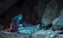 two people are laying down in an area with large rocks