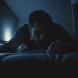 a man laying in bed with the lights on and holding his head