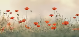 a field full of orange flowers in a hazy sky