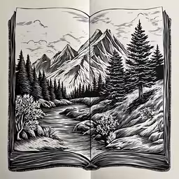 a book with some trees and mountains in it,an open book with a drawing of a mountains