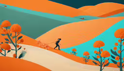 a painting that has been colored with blue and orange colors,painting of a person walking in the desert