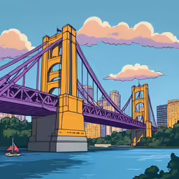a yellow bridge spanning a body of water in the middle of a city