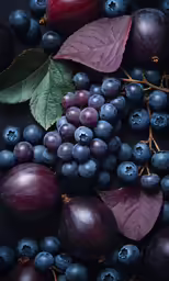 blueberries, plums, and leaves on black background