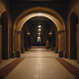 the inside of an old church with a man walking down it